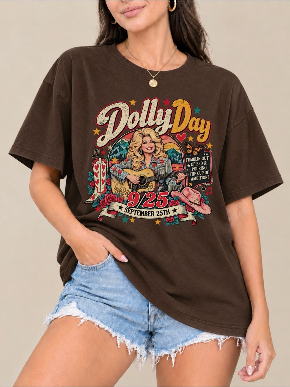 Gildan Brown Dolly Day Graphic Tee with Multicolor Print